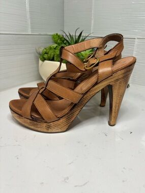 Vintage Max Mara 90s Archive Wood Platform Wedge Sandals Leather Italy 38
